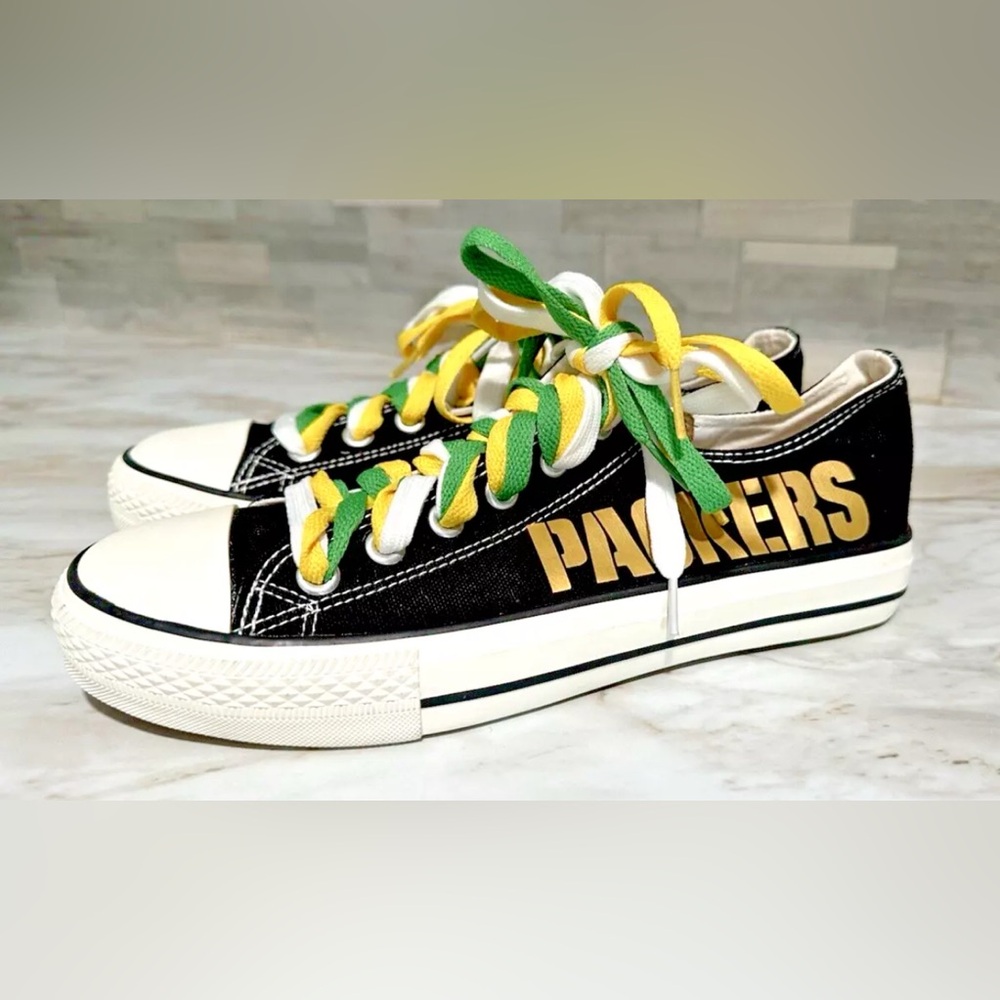 Women's PACKERS Black and Gold Low Top Canvas Shoe Sneaker Green Bay Football